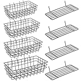 8 Pieces Pegboard Baskets Peg Board Racks Square Style Wire Shelf Baskets Bins Wall Organizer Attachments for Organizing Various Tools Workbench Accessories Garage Storage, 4 Sizes (Black)