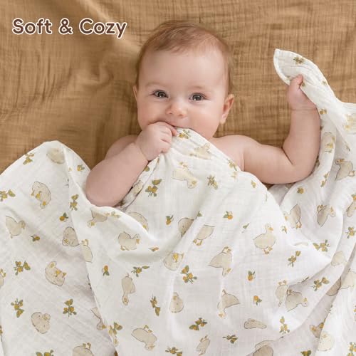 Image of david's kids 4 Pack Baby Muslin Swaddle Blankets, 100% Cotton and Ultra Soft Breathable Receiving Blanket Wrap for Boys Girls, New Born Essentials, Large 47 x 47 inches, Farm & Duck