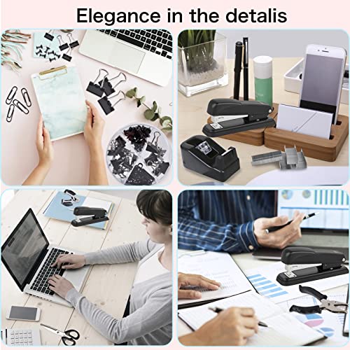 Chezmax Black Desk Accessory Kit Includes Stapler Staples Staple Remover Tape Dispenser Transparent Tape Scissors Push Pins Paper Clips Binder Clips Single Hole Punch Telescopic Knife Tape Measure #TOP5