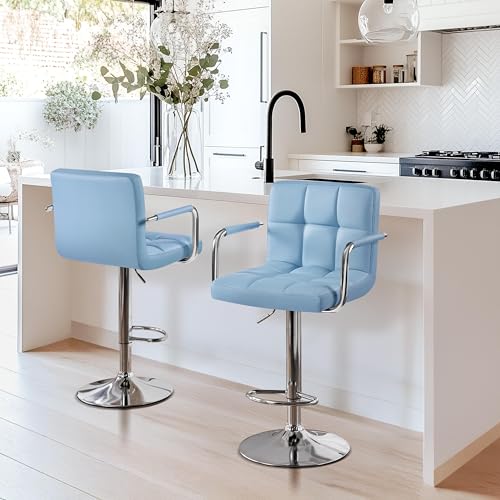Image of Yaheetech Bar Stools Set of 2, Swivel with Backs, Adjustable Height, Blue