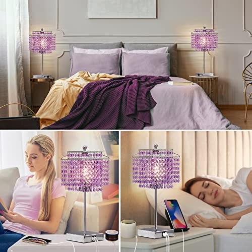 Image of Luvkczc Purple Bedside Crystal Table Lamp Set of 2, Touch Control Lamps | Dimmable Lamp with Crystal Shade for Bedroom, Girl Living Room, 6W B11 Bulb Included