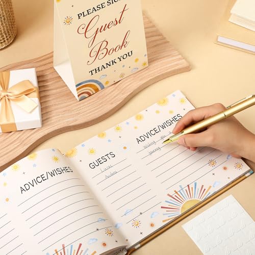 Image of Fuyoooo 27 Pcs Boho Sun Baby Shower Guest Book Baby Shower Sign in Guest Book Reception with Sonogram Page Keepsake Includes Gold Pen Table Card and Adhesive Photo Corner for Birthday