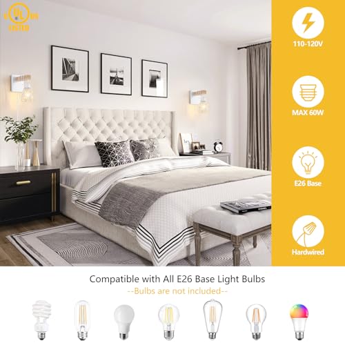Image of Lomoky White Plug in Wall Sconces Set of Two, Modern Wall Lights with 5.25FT Plug in Cord, Wooden Bedside Wall Lamps with Metal Shade, Industrial Wall Lighting Decor for Living Room, Hallway, Stairs