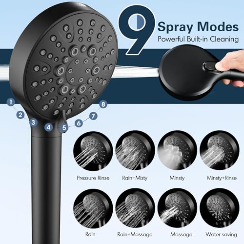 Image of BRIGHT SHOWERS Filtered Shower Head with Handheld, High Pressure 9 Spray Mode Showerhead with Long Hose and Bracket, Water Softener Filters Beads for Hard Water - Removes Chlorine, Matte Black