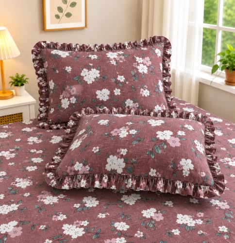 Image of Fitted Bedsheet Queen Size 300 TC Soft Cotton Feel Microfiber All Around Elastic Fitted Double Bedsheet with 2 Frill Pillow Covers | Size (60x78) Rose Floral