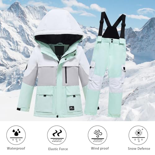 Boys Girls Snowsuit 2Pcs Outfits Kids Ski Sets Suspender Sno𝐰 Bib Pants with Long Sleeve Windproof Hood Jacket3