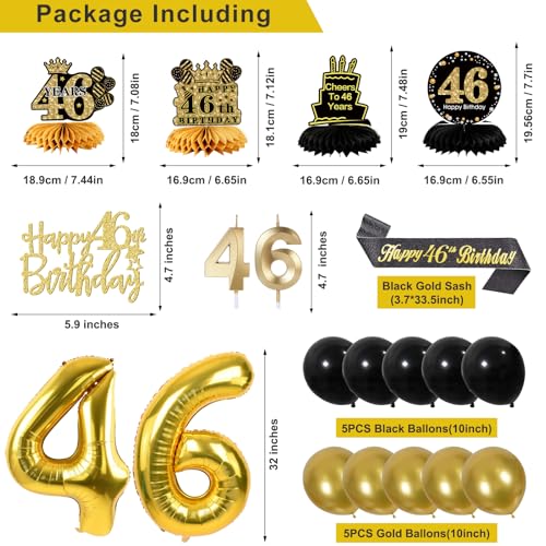 Image of 46th Birthday Decorations for Men, Black Gold 46th Party Decoration Kits | 27pcs Happy 46th Birthday Set, Banner, Honeycomb, Balloons, Gold Number, Candle, Hanging Swirls, Cake Topper, Party Supplies