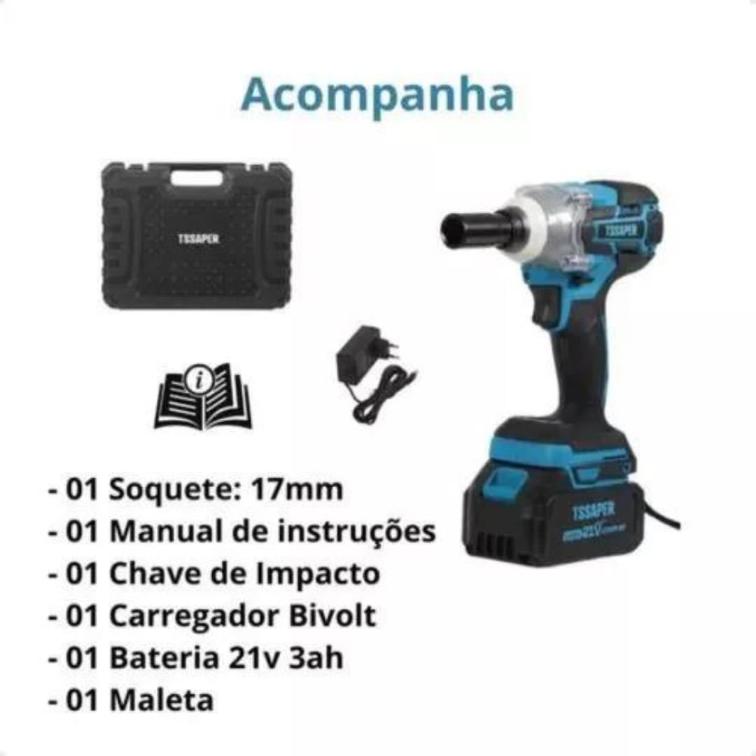 Chave de impacto 21v torque de 380nm com bateria, maleta e soquete