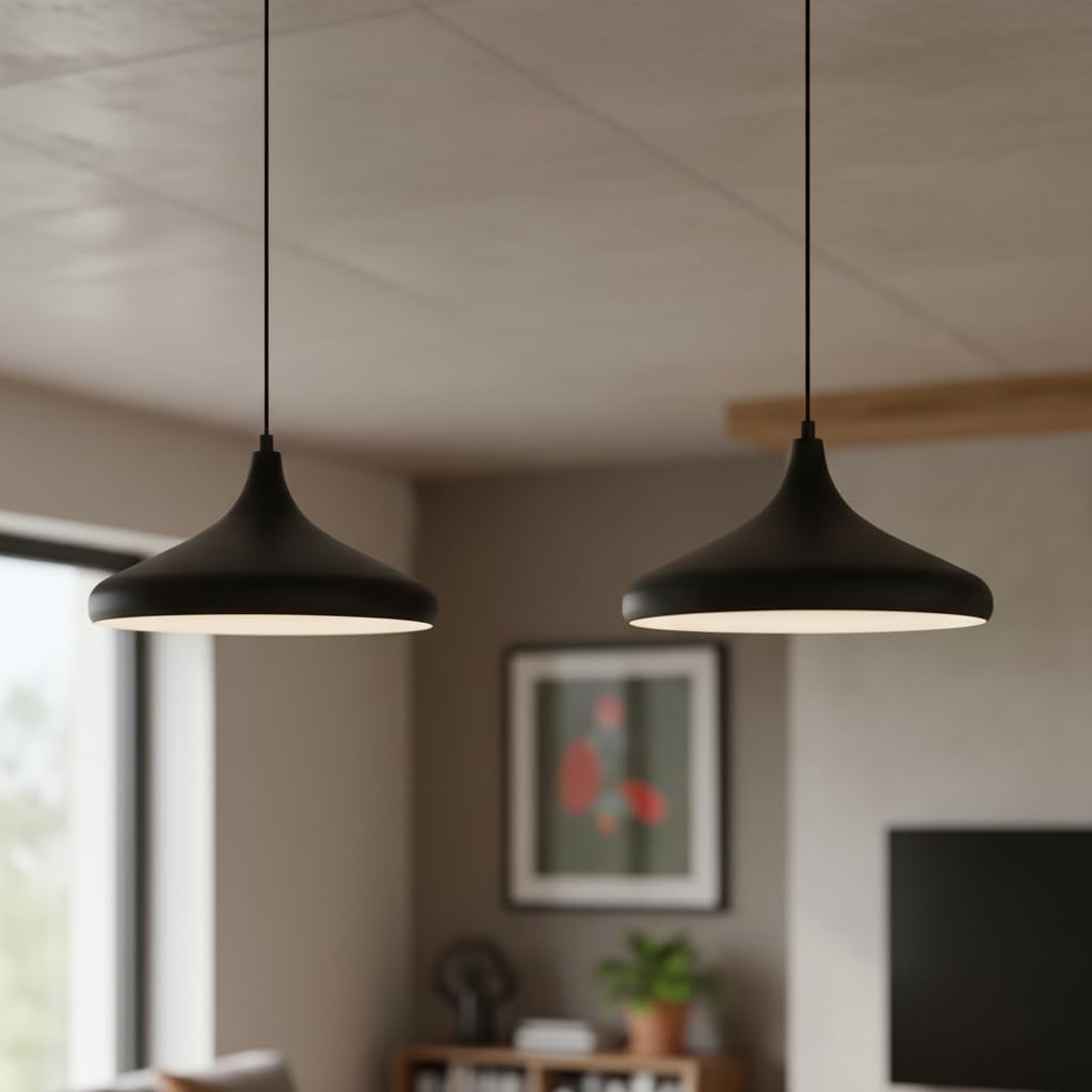 bamyum Champion 2 Pendant Lights Vintage Metal 35 cm, Kitchen Lights E27, Industrial Lamp Shades Ceiling, Fitting for Living Room and Dining Table, Black