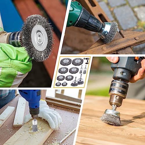 12 Stück Drahtbürste Bohrmaschine, 6mm Stahlbürste Akkuschrauber mit Sechskantstange Drahtbürsten Set, Drahtbürste Akkuschrauber, für Schleifen, Polieren, Entrosten, Reinigen und Vibrationsdämpfen