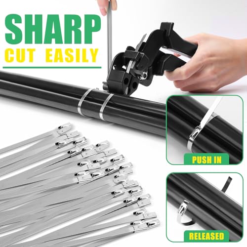 Heytimi Stainless Steel Cable Tie Gun with 200 Pcs 8.3 inch Metal Zip Ties Heavy Duty Cutting Tie Tool Self-locking Cable Tie Gun Kit for Fastening and Cutting Fence Exhaust Pipe Outdoor (8.3\'\')