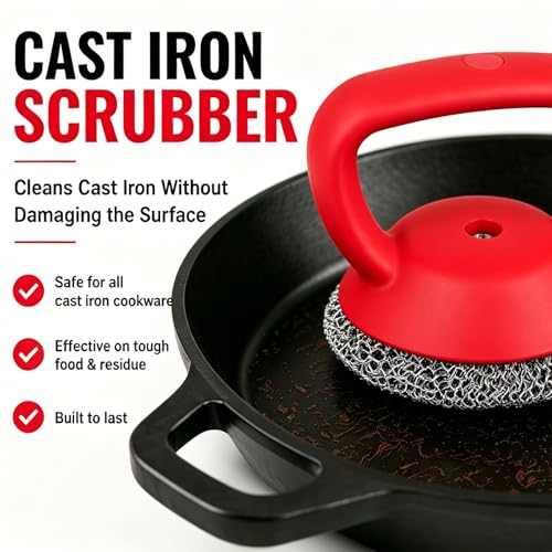 Image of Cast Iron Scrubber with Heavy Duty Handle, Cast Iron Cleaner Chainmail Cleaning Brush,Metal Chain Mail Scrubbing Pad Tool to Clean Grill,Skillet,Frying Pan, Wok,Dutch Oven, Safe Steel Scrubber Sponge