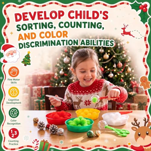 Image of Leitee 71 Pcs Sensory Bin Filler,Red Green,Christmas | Hedge Balls Tweezers Clips Cups, Fine Skills Toys Set for Kids Counting Sorting, Sensory Bin Tools Preschool Learning