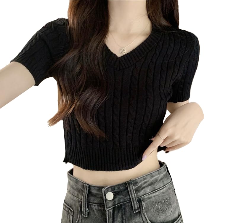 Image of ICW Women's Acrylic Knitted Ribbed Half Sleeve V-Neck Self Design Crop Top T-Shirt 128