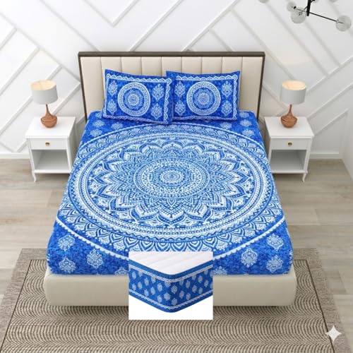 Image of RajasthaniKart Pure Cotton 144 TC Printed Double /Queen Bed Elastic Fitted Bedsheet with 2 Pillow Covers - All Around Elastic | 60 inchx78 inch, Fits Up to 8 inch Mattress | Jaipuri Print, 5296