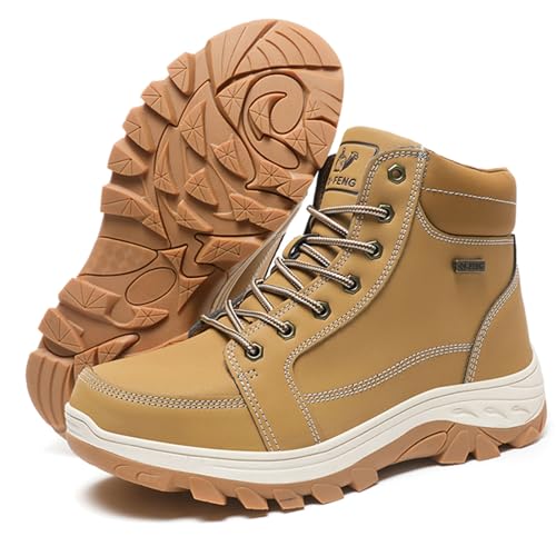 LDZDGD Botas de Combate Tácticas de Cuero Impermeables, Botas de Nieve Cálidas de Invierno, Zapatos de Senderismo Antideslizantes Ligeros para Exteriores(Brown,41 EU)