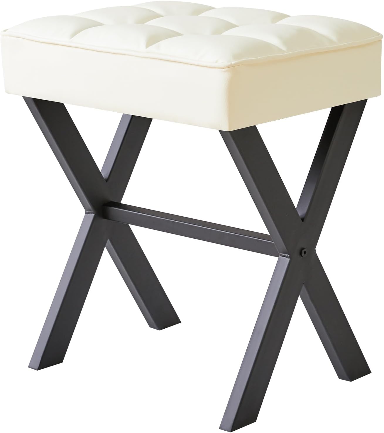 IBUYKE Square Makeup Stool with X-Leg Foot Rest, PU Footrest, Ottoman Seat Vanity Stool, Multi-Use as Small Side Table, for Bedroom, Living Room, White L/G-71W