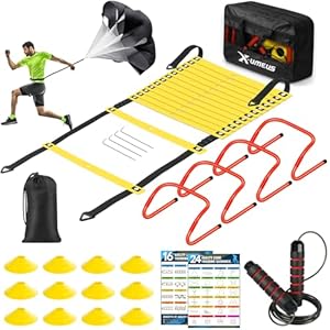 Agility Ladder Speed Training Equipment Set-20ft Agility Ladder,12 Soccer Cones,4 Hurdles, Jump Rope, Running Parachute| Basketball Football Soccer Training Equipment for Kids Youth Adults