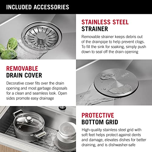 Delta Rivet 33-Inch Workstation Kitchen Sink Drop-In Top Mount 16 Gauge Stainless Steel Single Bowl With Workflow Ledge And Chef’s Kit Of 5 Accessories, 95A931-33S-Ss #TOP4
