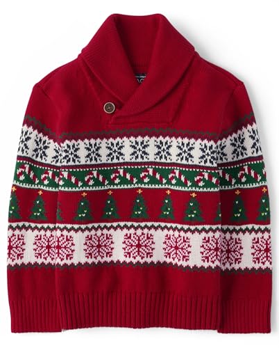 The Children's Place Baby Boy's and Toddler Long Sleeve Holiday Sweater, Red Fairisle Shawl Neck, 3T