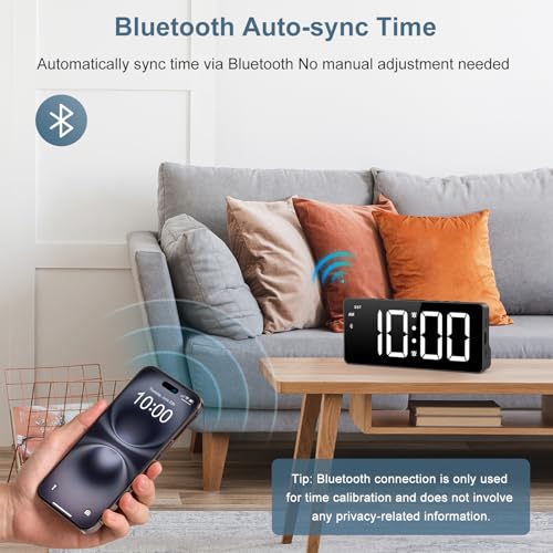 Digital Alarm Clock, Bluetooth Sync Time Bedside Alarm Clock with 5 Adjustable Brightness, 3 Adjustable Volume, Snooze, DST, 12/24H, Type-C/Battery Powered, Dual Alarm for Bedroom, Office - Image 2