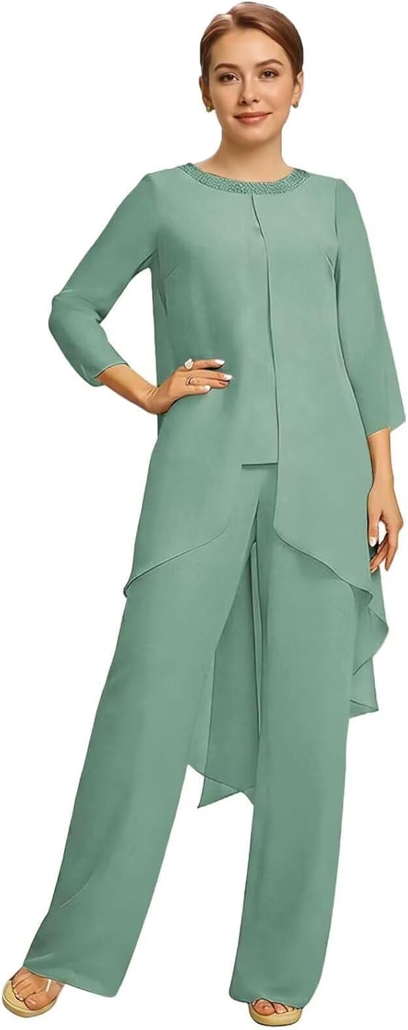 Women's Pant Suits with Jacket Formal Chiffon Mother of The Bride Pant Suits Sparkly Wedding Evening Party