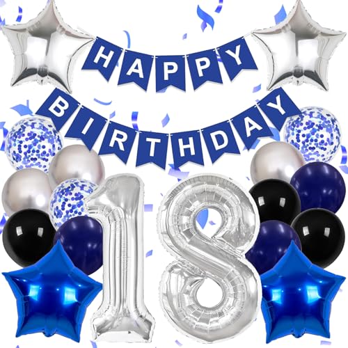 Happy 18th Birthday Decorations For Boys Girls, Blue Happy Birthday Banner, Silver 18 Balloon Numbers 40 Inch, 18th Birthday Balloons For Silver And Navy Blue Birthday Decorations by Pasiihol - Used condition - US$8.15