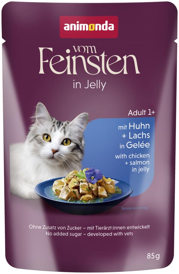 animonda Vom Feinsten Adult Raffinesse Katzenfutter in Gelee mit Huhn und Lachs (24 x 85 g), Nassfutter mit Taurin und Vitamin D3, ohne Zusatz von Soja, Zucker und Konservierungsstoffen