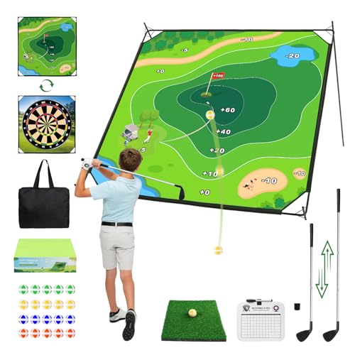 Golf Chipping Game Mat 59x59 inch Double Sided Golf Hitting Mat Outdoor Indoor Adjustable Golf Games Mat Score Sticky Playing Golf Balls for Home Backyard Garage Game Gift for Young Adults