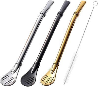 Beruth Bombilla Yerba Mate Straws Reusable Colorful Tea Coffee Cocktail Stainless Steel Bent Smooth Flowing Drink Stirring Filter Spoon Straw Cleaning Brush 3 Pack