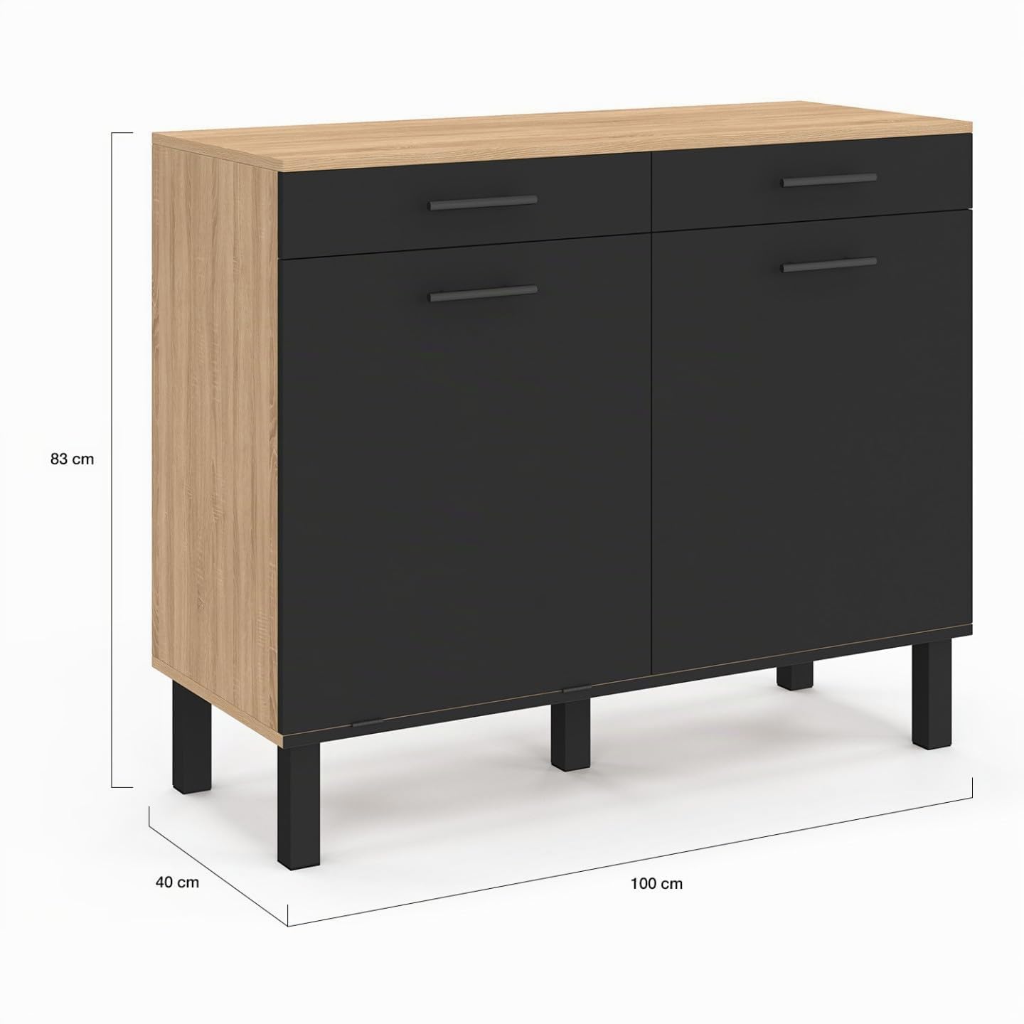 IDMarket - Küchenbuffet mit Abfalleimer 100 cm CINA Arbeitsplatte H.83 cm 2 Türen + Schubladen in Buchenholzoptik und Schwarz