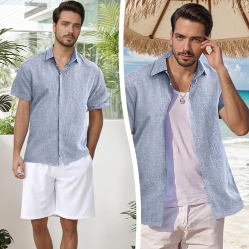 Mens Linen Shirt Classic Button Down Shirt Casual Short Sleeve Blouse Wedding Holiday Summer Tops Lightweight Tee4