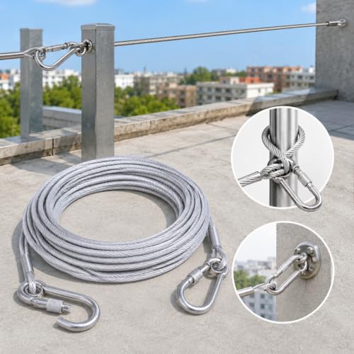 Image of Steel Cable Heavy Duty Clothesline Drying Rope 10 Meter with Hooks | Wire Rope with Clamps and Thimbles for Zipline, Fencing, Deck Railing, Winch Cable (Pack of 2)