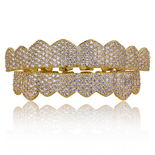 JINAO 18K Gold Plated Gold Finish 8 Top Teeth & 8 Bottom Tooth Hip Hop Mouth Grills iced Out Simulated Diamond Grillz(Gold ICED Out CZ)