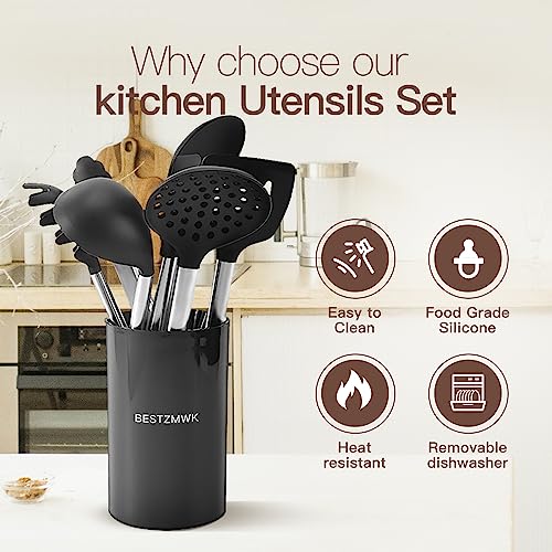 Kitchen Utensils Set-Silicone Cooking Utensils-32 pcs Non-Stick Silicone Cooking Kitchen Utensils Spatula Set with Holder-Best Kitchen Cookware with Stainless Steel Handle (Black)