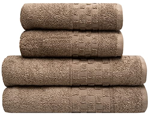 Ensemble de bain 4 pièces - 2 serviettes de bain et 2 serviettes de toilette - 100 % coton - 520 g/m² - Bordure à carreaux - Doux et absorbant (Moka) Cover