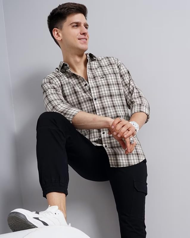 Image of Men's Cotton Casual Checked Classic Collar Slim Fit Shirt
