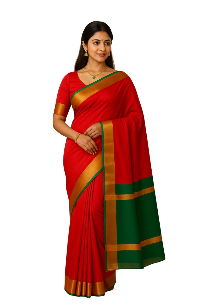 Traditional Banarasi Silk Saree with Golden Border, Red and Green Color Combination,with Contrast Anchal-image-6