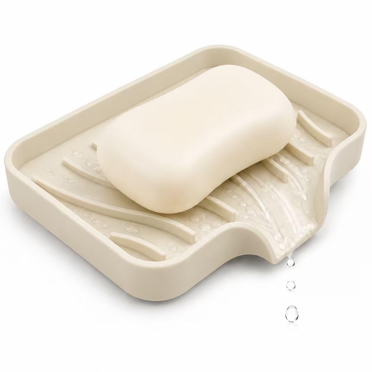 Silicone Soap Dish, Self Draining Soap Holder, Anti-Slip Soap Tray, Beige