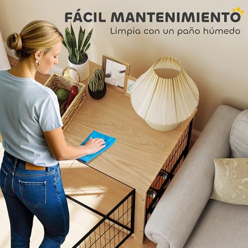 PawHut Hundezwinger Moderner Beistelltisch Haustierhaus mit 2 Türen Schwenkbarer Ständer mit 2 Näpfen und Stahlrahmen für mittlere Hunde 80x60x68 cm Eiche