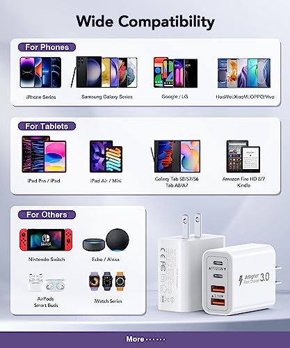USB C Quick Charger, 2 Pack 40W PD + QC3.0 Wall Charger Adapter, Type C Power Brick Power Plug with 6FT USB-C to C Cable for iPhone 16/15/14/13/12/11/Pro/AirPods4,Watch10,Samsung Galaxy S23 Ultra2