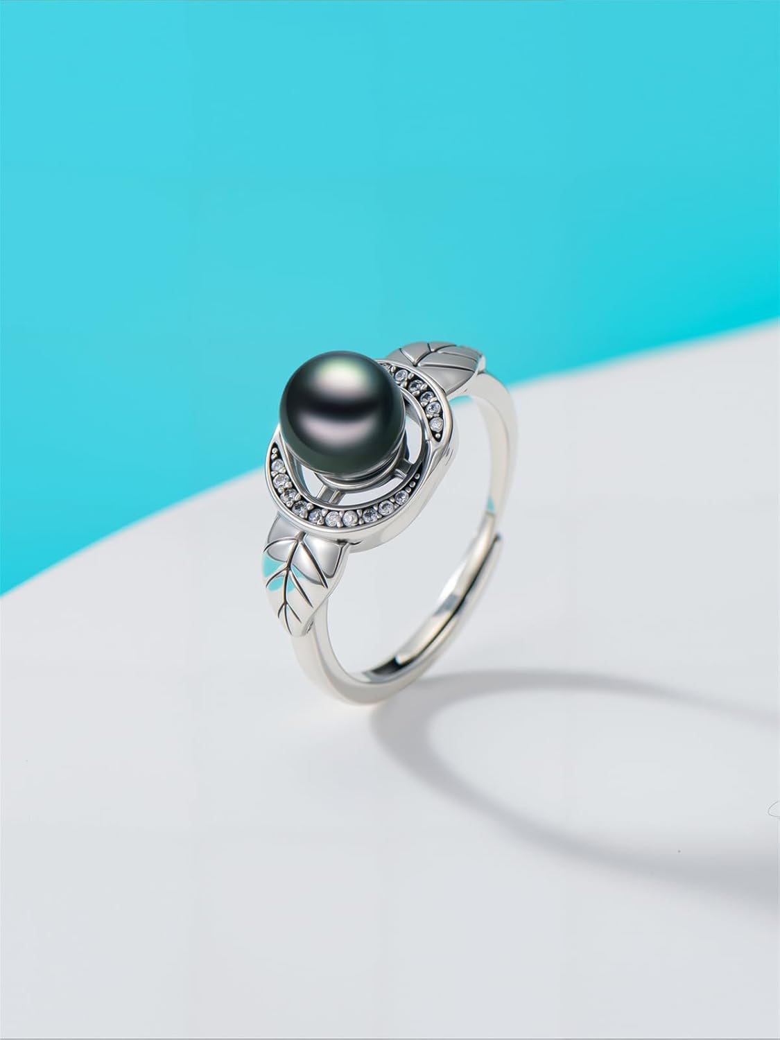 Tahitian Black Pearl 18K White Gold Plated Sterling Silver Nature Leaf Rings for Women Wife Mom Girlfriend Valentine Jewelry Gift for Mother Day Wedding Anniversary Her Birthday