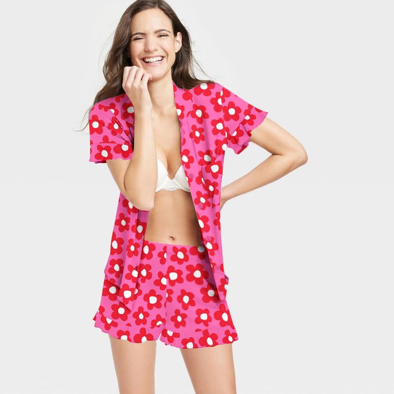 Image of SWOMOG Woman Pajama Set Short Sleeve Pjs Set 2Pcs Short Pajamas Button Down Ruffle Hem Sleepwear Soft Modal Loungewear