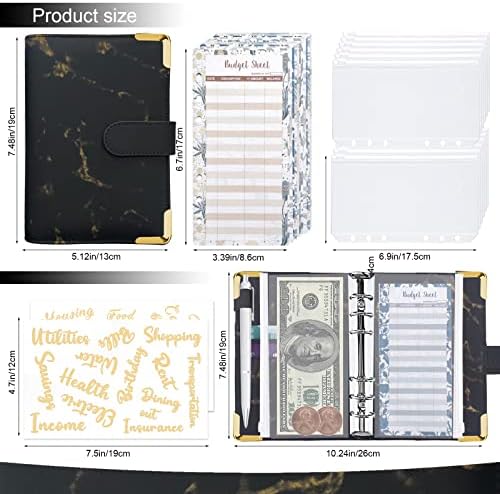 A6 PU Leather Binder Cover Set, Money Organizer for Cash with 12pcs Cash Envelopes, 2 Sets White Labels and 12Pcs Budget Sheets, 6 Ring Refillable Budget Cash Pocket for Bill Planner Organizer (Black)