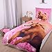 Produktbild MATT & ROSE Pferde Bettwäsche Set 135x200 80x80 cm - Rosa Flanell Bettwäsche für Mädchen mit Reißverschluss - 100% Baumwolle Horse Floral geblümt