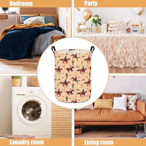 Image of Round Laundry Basket Collapsible Storage Organizer Cactus Cowboy | Waterproof Canvas Foldable Baskets with sturdy Handles Multi-scene Organizer for Home Play Bedroom Gift Bin