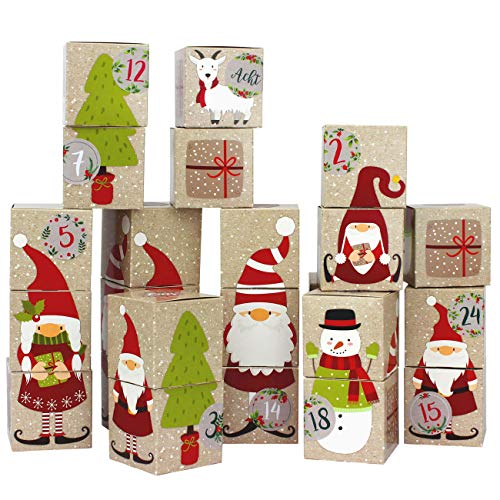 Papierdrachen Adventskalender 2025 zum Befüllen - 24 bunte Kartonboxen im Wichtel-Motiv - inkl. Zahlenaufklebern - DIY Kisten-Set zum Aufstellen