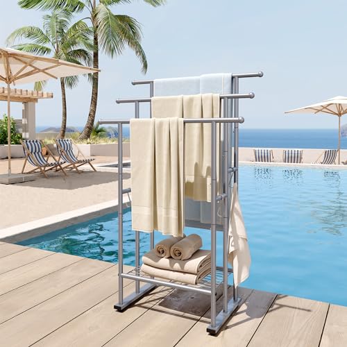 ELYKEN 3 Tier Standing Towel Rack, 40'' Tall Towel Drying Rack Outdoor, Freestanding Floor Towel Rack with Shelf, Pool Towel Blanket Stand, Metal Towel Racks for Bathroom freestanding, Smooth Silver by ELYKEN - Image 6