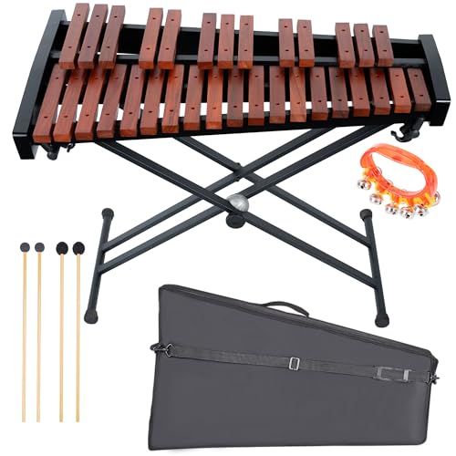 Image of 32 Note Xylophone Professional Wooden Glockenspiel Xylophone with Adjustable Stand - Premium Musical Instrument Includes 4 Mallets, Hand Bell & Bag