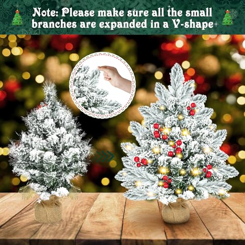 Tabletop Christmas Tree, 20 inch Artificial Mini Christmas Tree with LED Lights, Snowy Spruce Xmas Tree with Pine Cones and Red Berries, Holiday Desktop Christmas Decorations,Burlap Base - Image 4